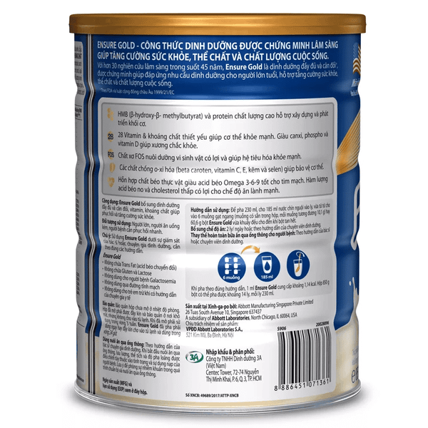 Sữa bột EnSure Gold Abbott hương Vani 800g (mẫu mới)