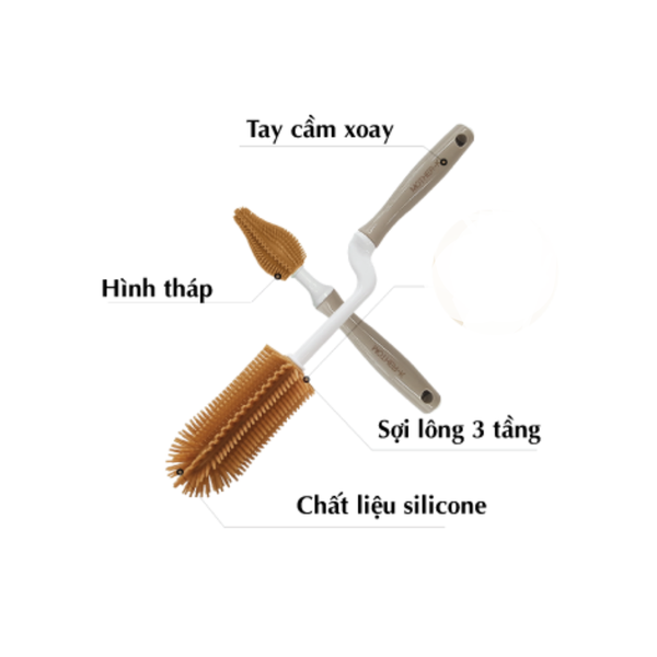 Bộ cọ bình sữa, núm ti silicone Mother-K màu vàng
