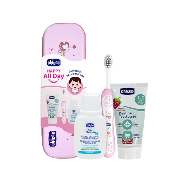 Bộ Kit Chicco Happy All day bướm hoa (gồm 1 bàn chải; 1 kem dâu; 1 sữa tắm mini)