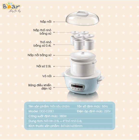 Nồi nấu cháo chậm Bear 2,5L