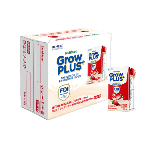 THÙNG Sữa háu ăn Nutifood GrowPLUS+ đỏ vị dâu 110ml trên 1 tuổi (24 hộp, bán sàn)