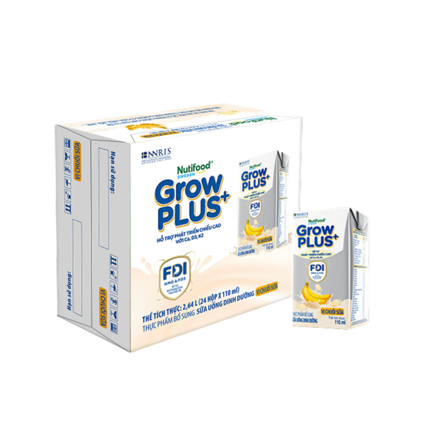 Sữa phát triển chiều cao Nutifood GrowPLUS+ bạc vị chuối 110ml trên 1 tuổi (lốc 4 hộp, thùng 6 lốc)