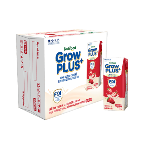THÙNG Sữa háu ăn Nutifood GrowPLUS+ đỏ vị dâu 180ml trên 1 tuổi (24 hộp, bán sàn)