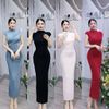 D240 - Đầm Body Cổ Lọ Nhún Vai Đính Đá Mai Bùi Store Thun Nữ