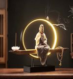  Tượng Quan Thế Âm Bồ Tát lư hương chảy ngược sáng tạo Chất liệu gốm sứ + gỗ + sắt + đèn LED 