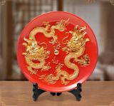  ĐĨA GỐM ĐÔI RỒNG TRANG TRÍ CAO CẤP Chất liệu: Giấy vàng, gốm sứ thủ công 