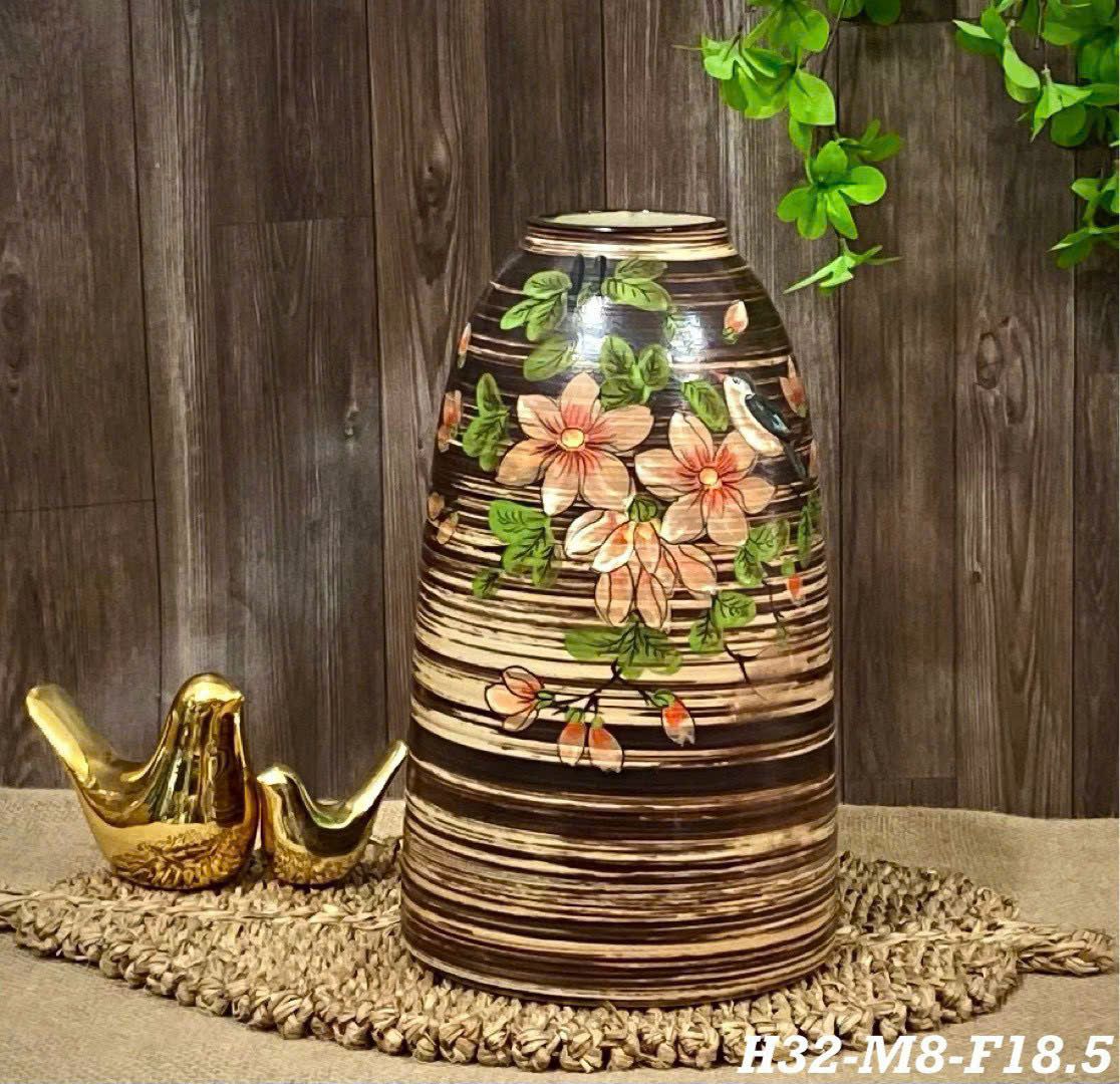  Bình gốm sứ Bát Tràng dáng chuông họa tiết vẽ tay chim sẻ đậu cành đào cao 32cm 