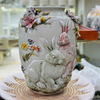 Bình gốm sứ Bát Tràng đắp nổi họa tiết cặp đôi thỏ H45 dk 24cm