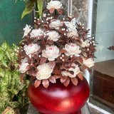  Bình hoa ngà kết hợp lá sưa đỏ Ốc inđô cành nhụy san hô bình gỗ tử đàn c62 r39 n38cm 