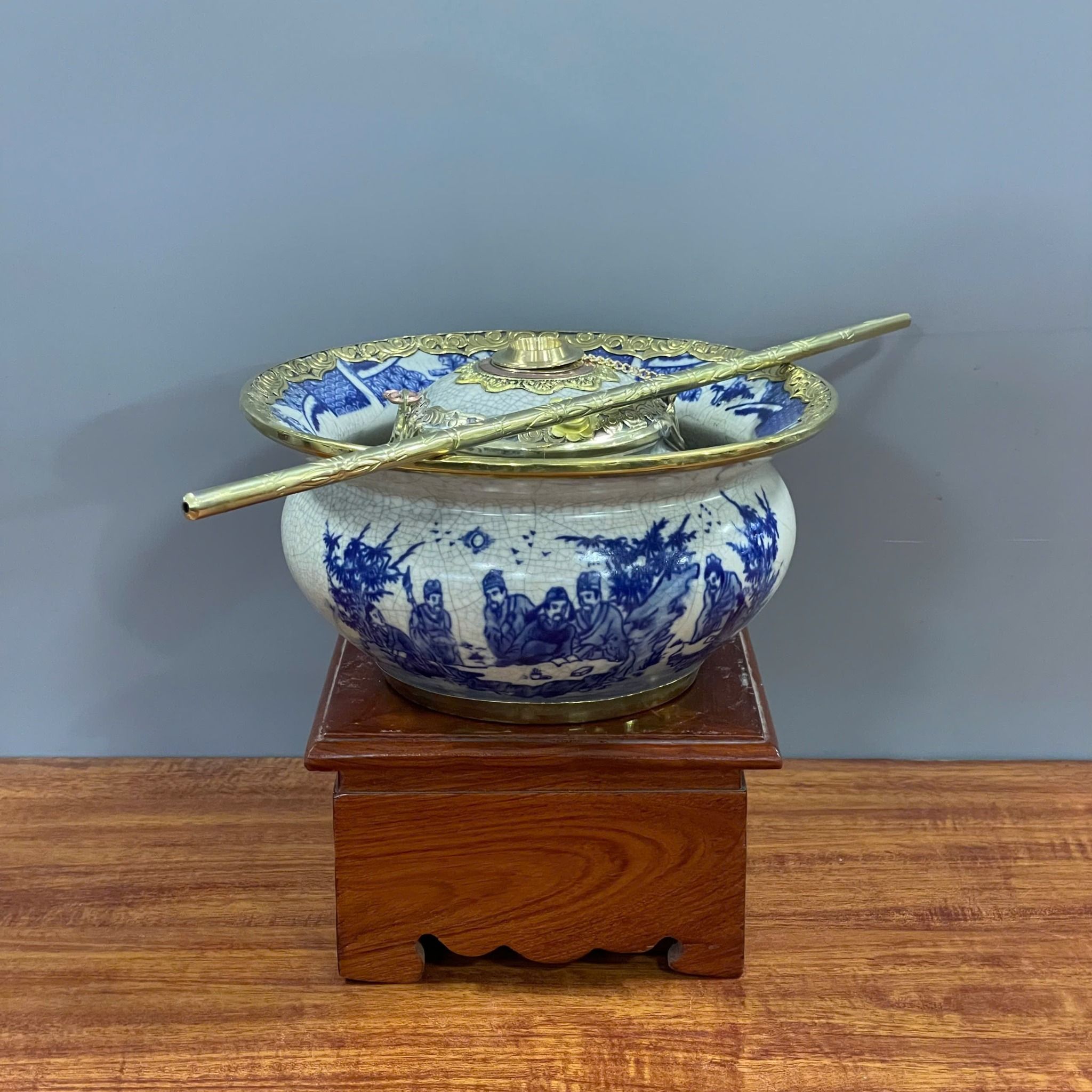  Bộ điếu họa tiết trúc lâm thất hiền bọc đồng kĩ men rạn cổ Bát Tràng 