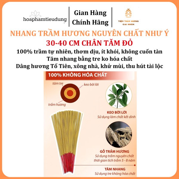  Nhang Trầm hương Như Ý phổ thông, tăm đỏ, ít khói, ko cuốn tàn, 30-40cm, hương dịu nhẹ, xông nhà, khử mùi, hút tài lộc 