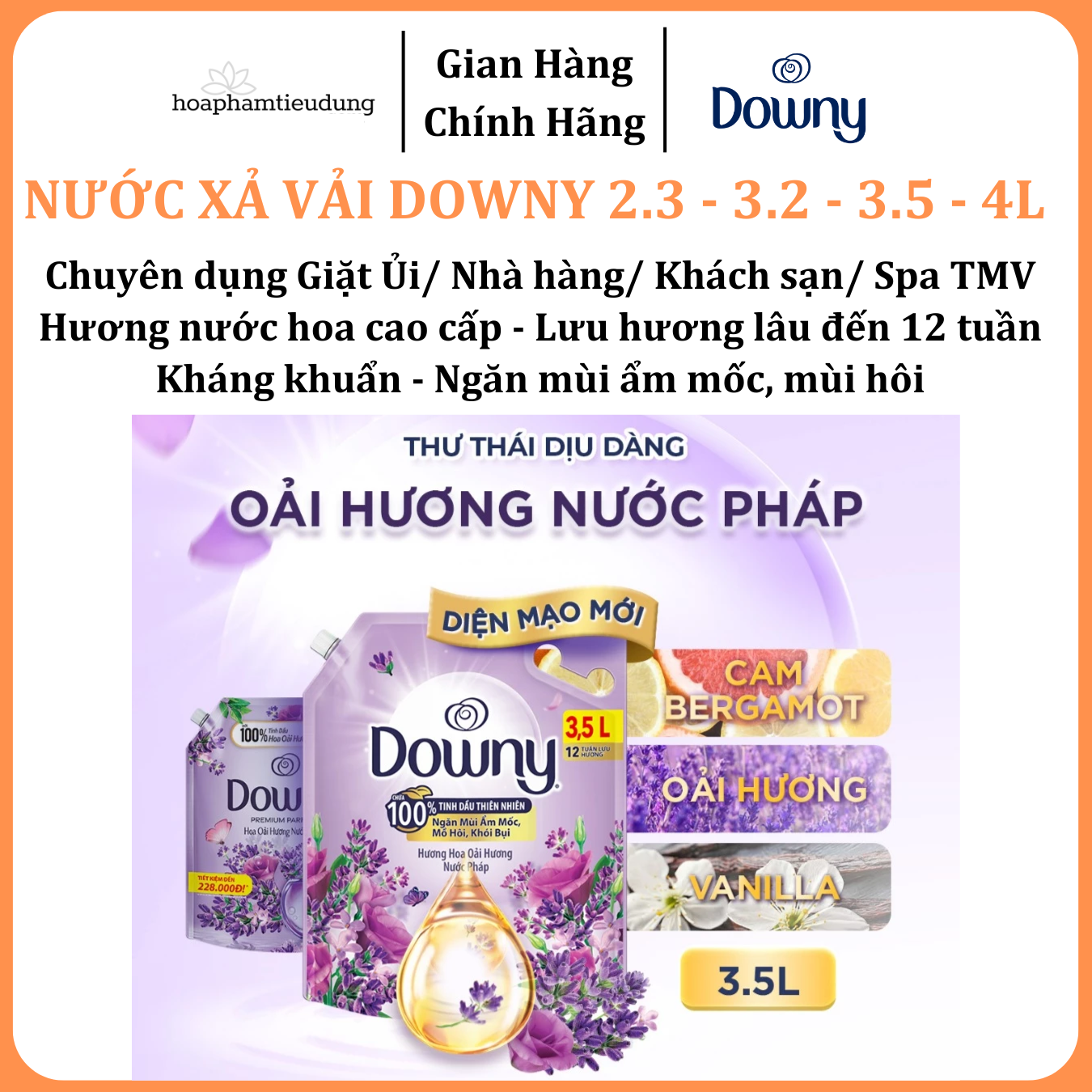  Nước Xả Vải DOWNY Tinh Dầu Thiên Nhiên/ Nước Hoa Cao Cấp/ Chống Khuẩn Nhiều Mùi Hương Túi 3L-3.2L 