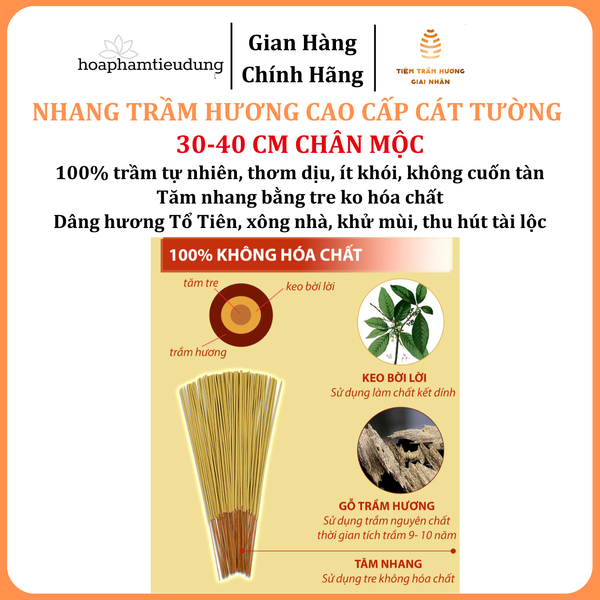  Nhang Trầm hương Cát Tường cao cấp, tăm mộc, ít khói, ko cuốn tàn, 30-40cm, hương dịu nhẹ, xông nhà, khử mùi, hút tài lộc 