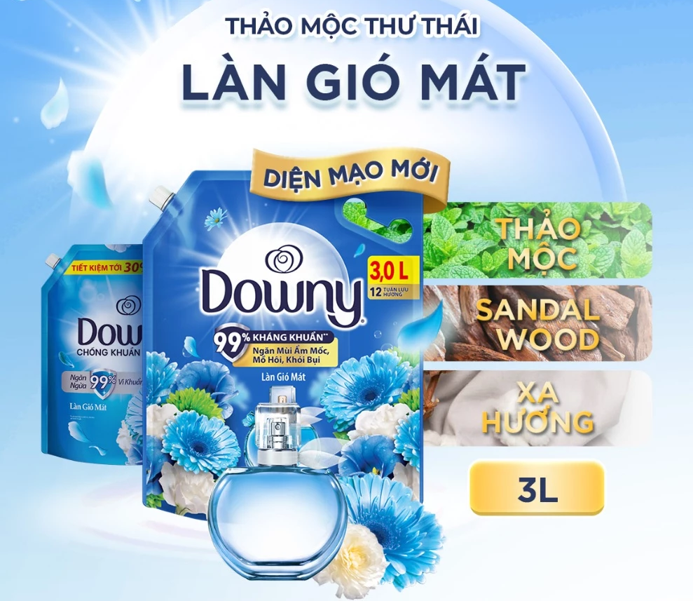  Nước Xả Vải DOWNY Tinh Dầu Thiên Nhiên/ Nước Hoa Cao Cấp/ Chống Khuẩn Nhiều Mùi Hương Túi 3L-3.2L 