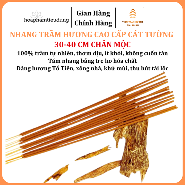  Nhang Trầm hương Cát Tường cao cấp, tăm mộc, ít khói, ko cuốn tàn, 30-40cm, hương dịu nhẹ, xông nhà, khử mùi, hút tài lộc 