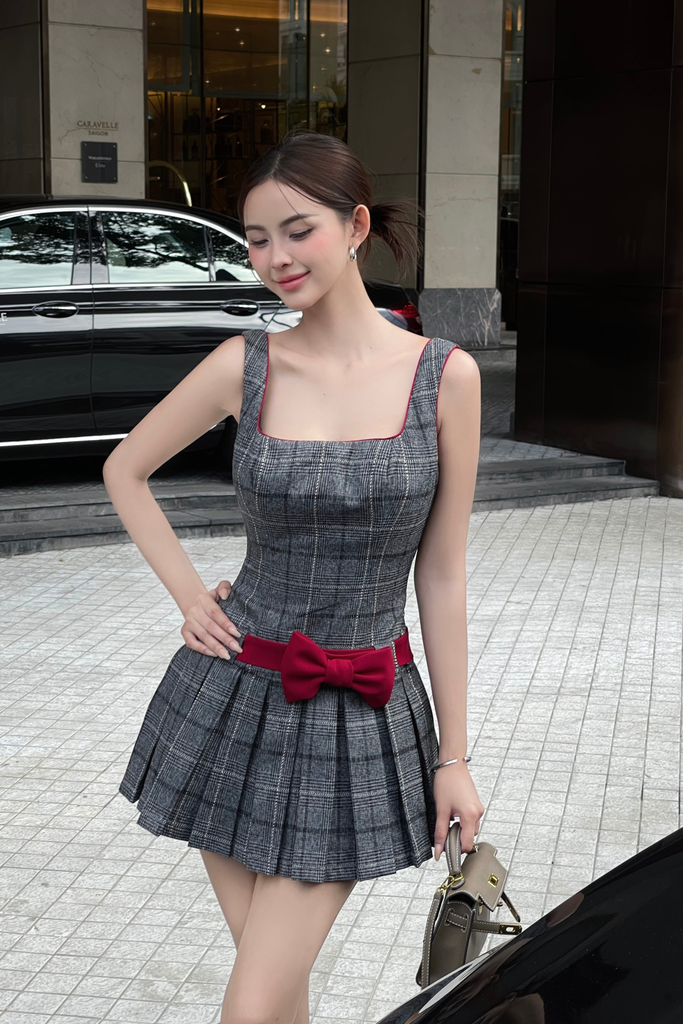 Đầm xoè xếp ly dây đai nơ dễ thương