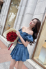 Set áo jean trễ vai phối chân váy xếp ly xoè