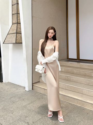 Set đầm lụa hai dây dáng dài mix sơ mi mỏng