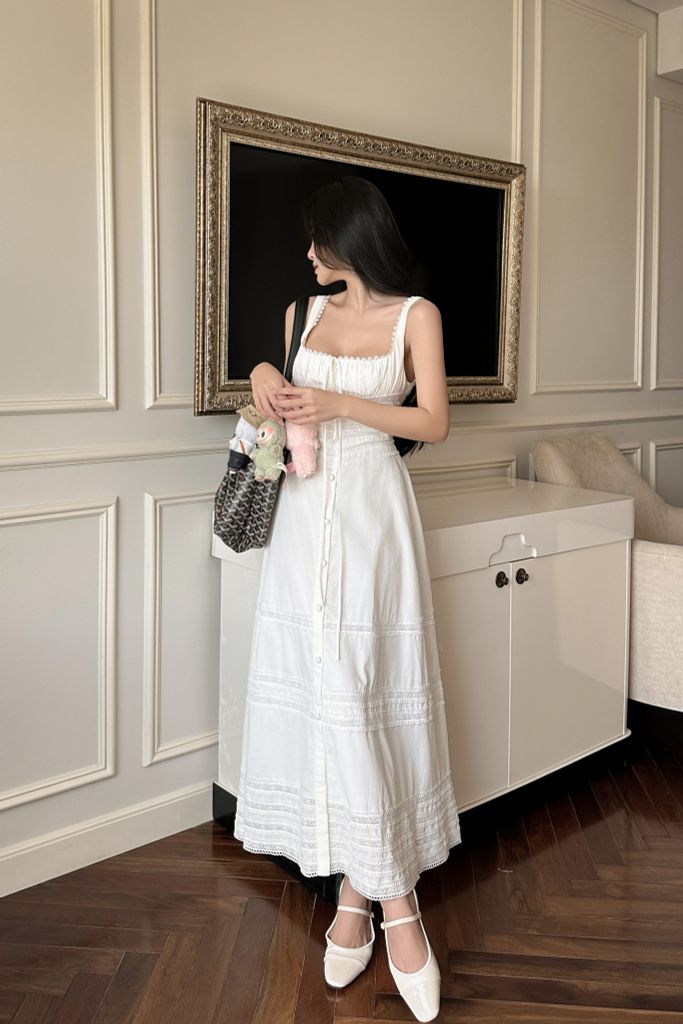 Đầm maxi hai dây cổ vuông dáng dài đính nơ thanh lịch