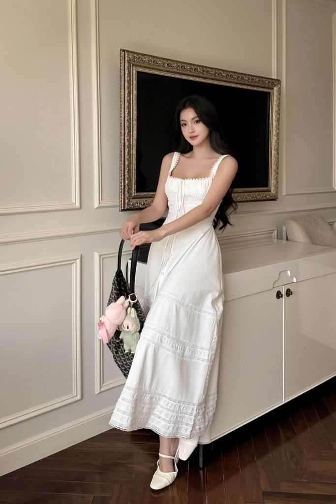 Đầm maxi hai dây cổ vuông dáng dài đính nơ thanh lịch