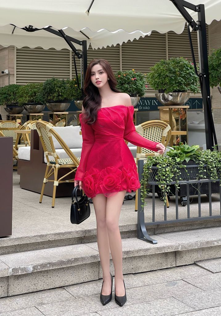 Đầm trễ vai tay dài hoa hồng