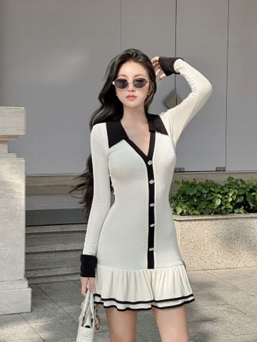 Đầm thun tăm ôm body tay dài đuôi xoè dáng ngắn