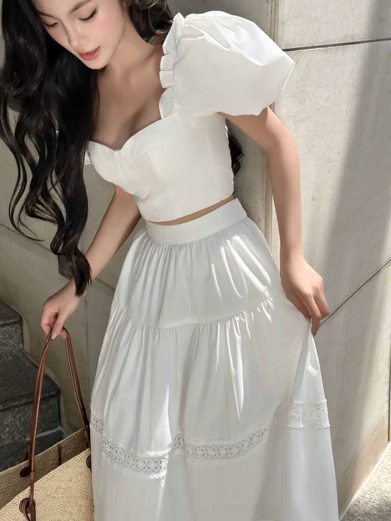 Set áo cúp tay phồng phối chân váy dáng dài