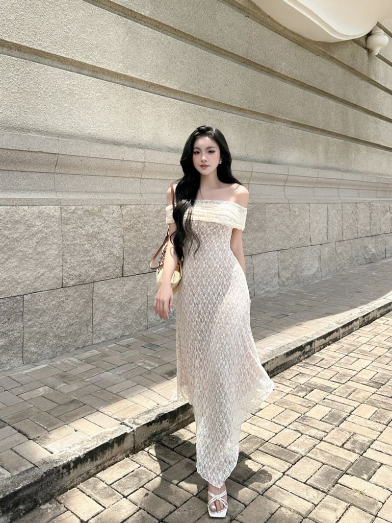 Đầm bẹt vai ôm body ren thun hoạ tiết