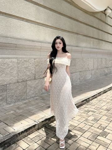 Đầm bẹt vai ôm body ren thun hoạ tiết