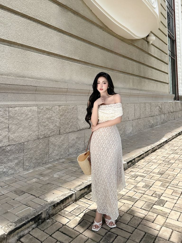 Đầm bẹt vai ôm body ren thun hoạ tiết