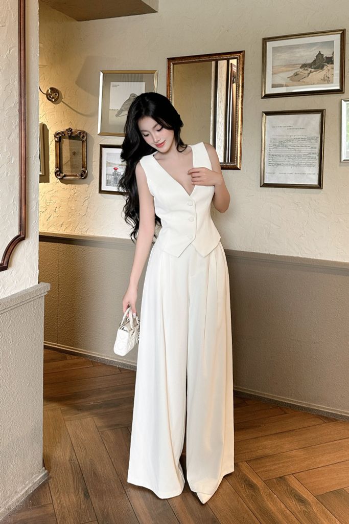 Set áo vest mix quần suông ống rộng thanh lịch