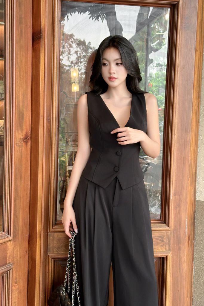 Set áo vest mix quần suông ống rộng thanh lịch