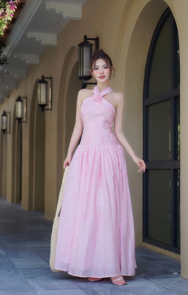 Đầm maxi cổ chéo đính hoa