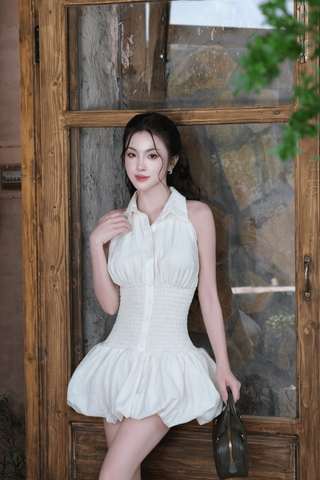 Đầm bí mocking thun cổ sơ mi