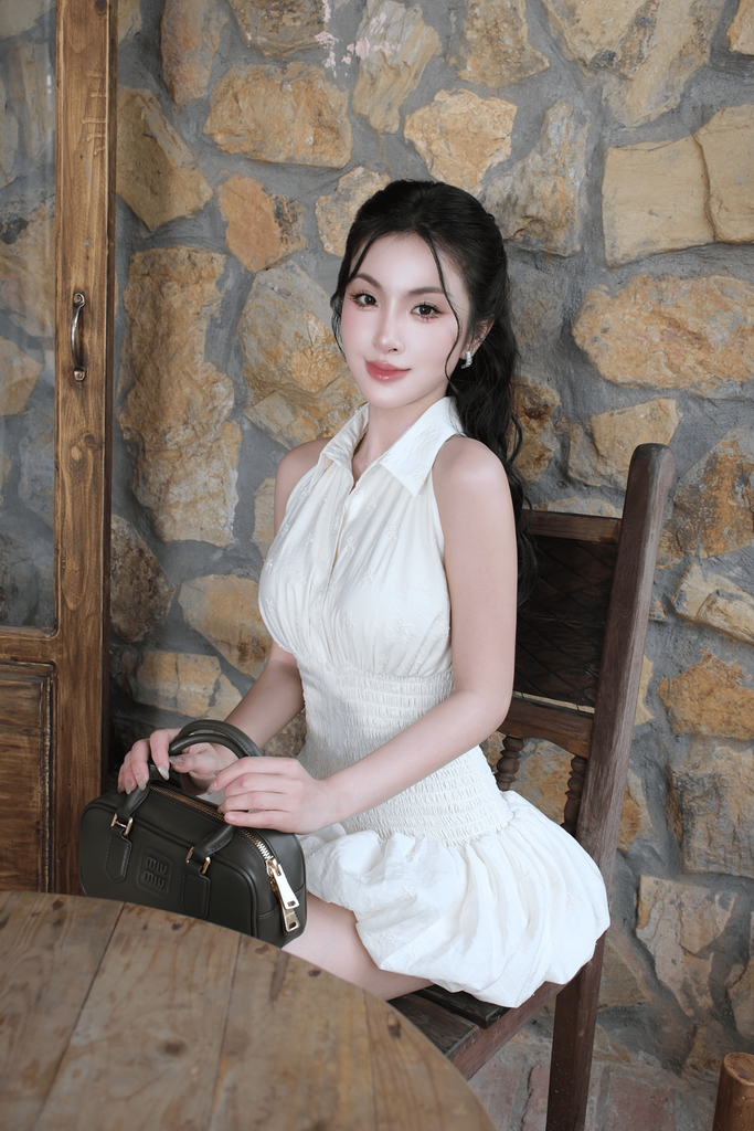 Đầm bí mocking thun cổ sơ mi