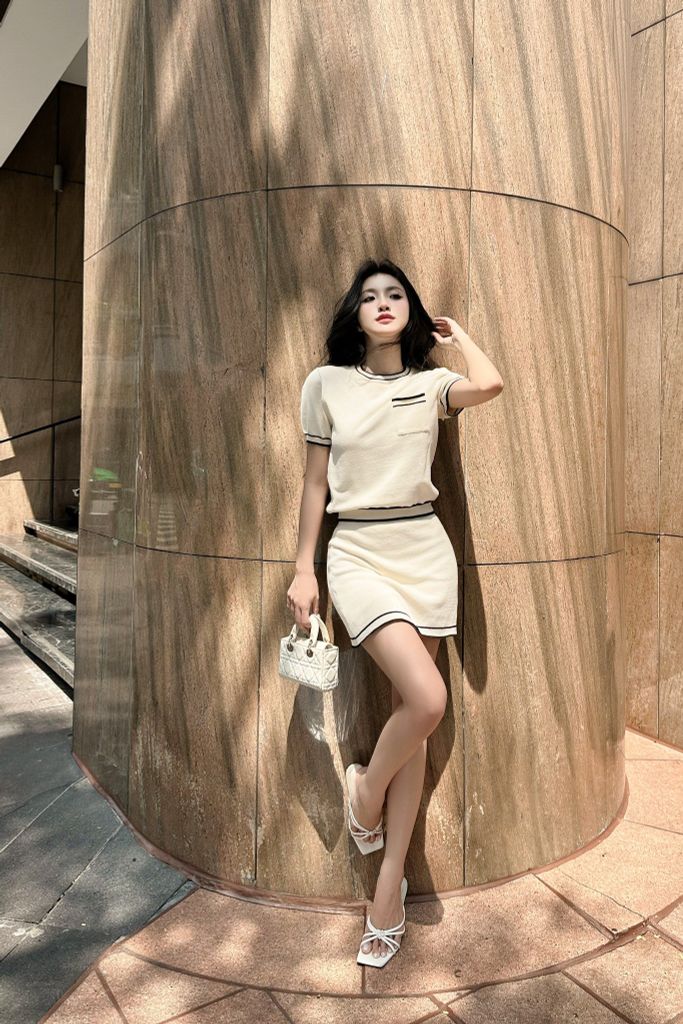 Set áo phối chân váy dệt kim