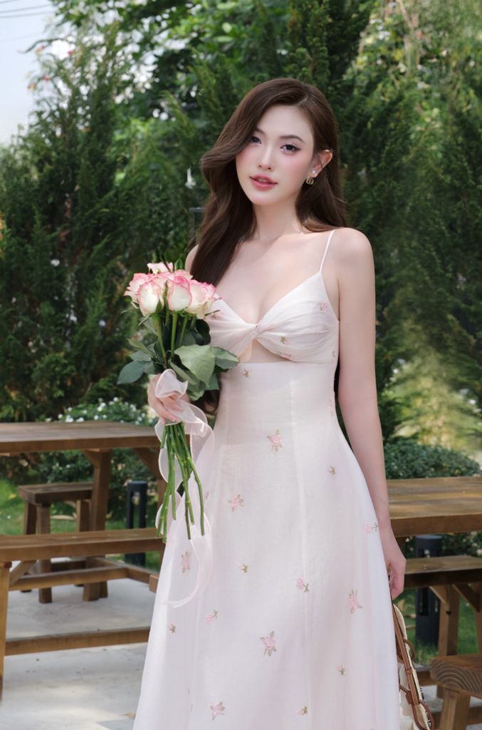 Đầm Dây Hoa Thêu Xoắn Ngực