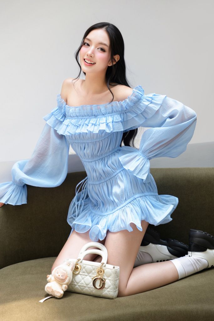Đầm Nhún Bèo Trễ Vai Tay Phồng