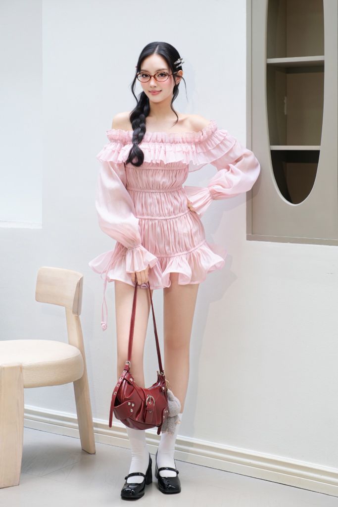 Đầm Nhún Bèo Trễ Vai Tay Phồng