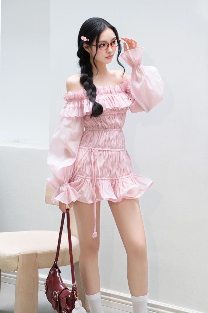 Đầm Nhún Bèo Trễ Vai Tay Phồng