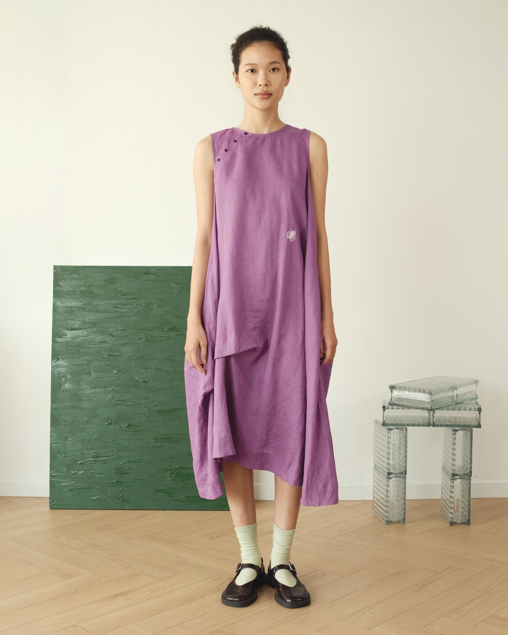 Đầm Linen Mây Tùng Xoè Thêu Tay - Cloudy Dress-chính diện mặt trước