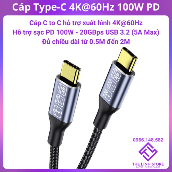 Cáp TypeC to TypeC hỗ trợ xuất hình 4K sạc nhanh 100W PD 20Gbps
