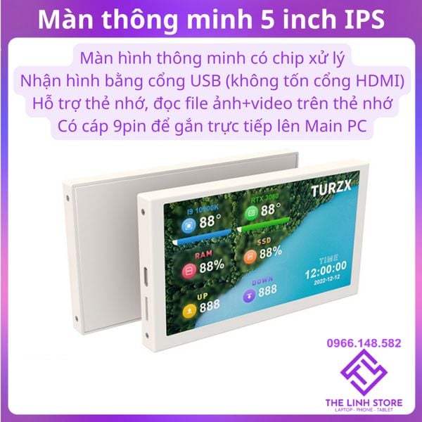 Màn hình thông minh TURING 5 inch IPS hỗ trợ thẻ nhớ, gắn trực tiếp vào Main PC, kết nối qua USB không cần AIDA64