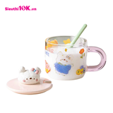  Cốc Thủy Tinh Nắp Sứ Hình Gấu Kèm Thìa 480Ml 60/T 