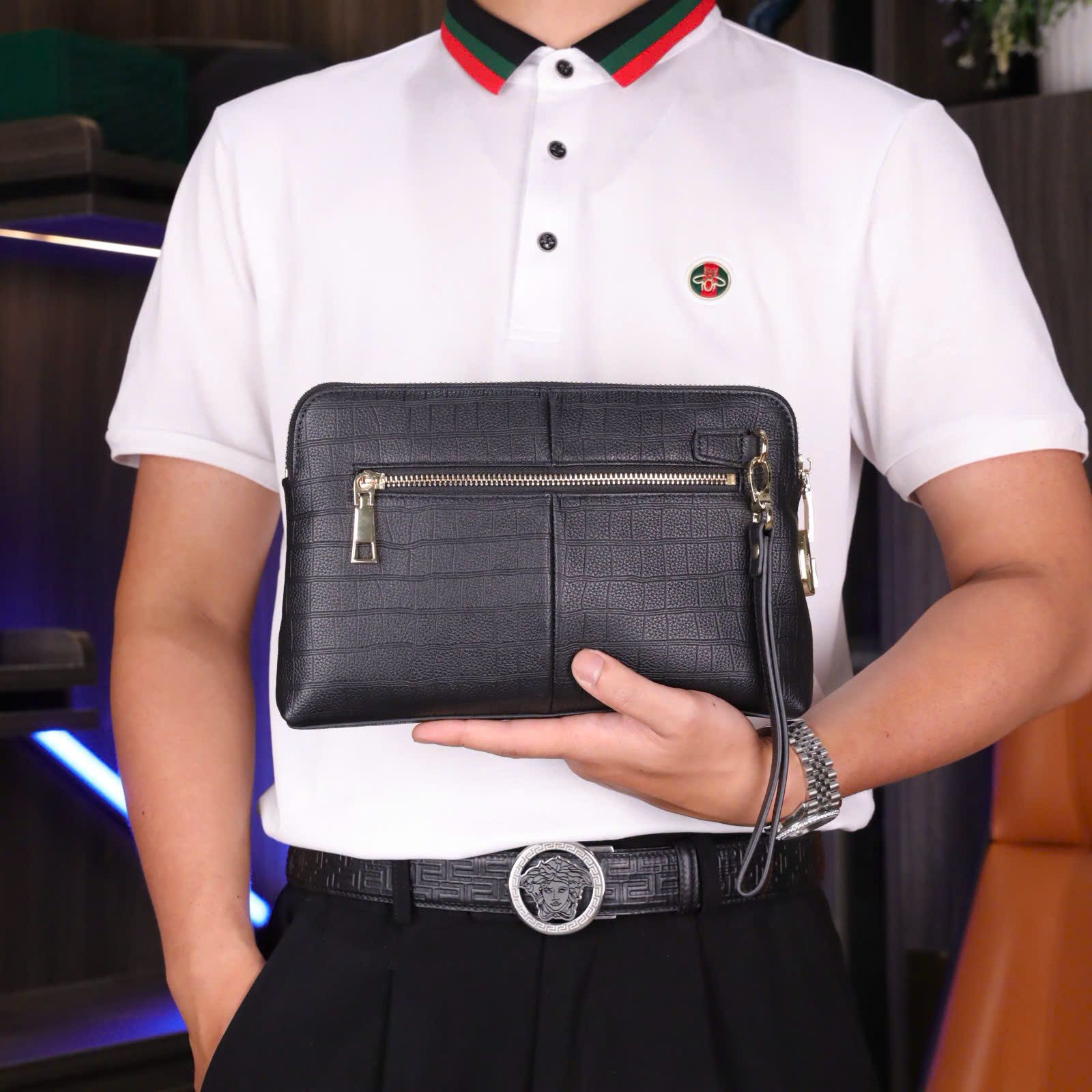 VKS372 Ví Khóa Số, Ví Nam Cầm tay, Clutch Cầm Tay Nam Da Bò Versace