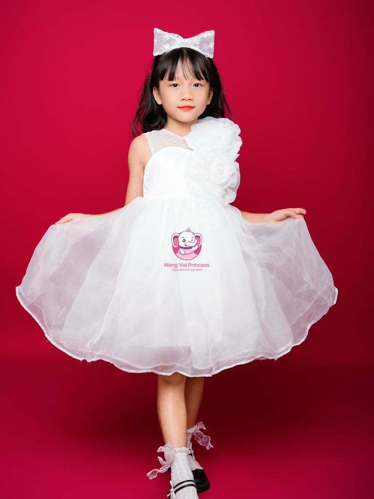 Váy công chúa hoa hồng lệch vai, cho bé từ 7kg tới 45kg