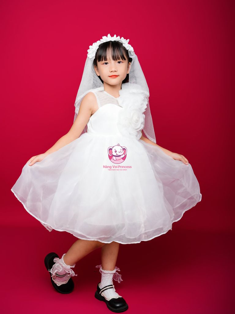 Váy công chúa hoa hồng lệch vai, cho bé từ 7kg tới 45kg