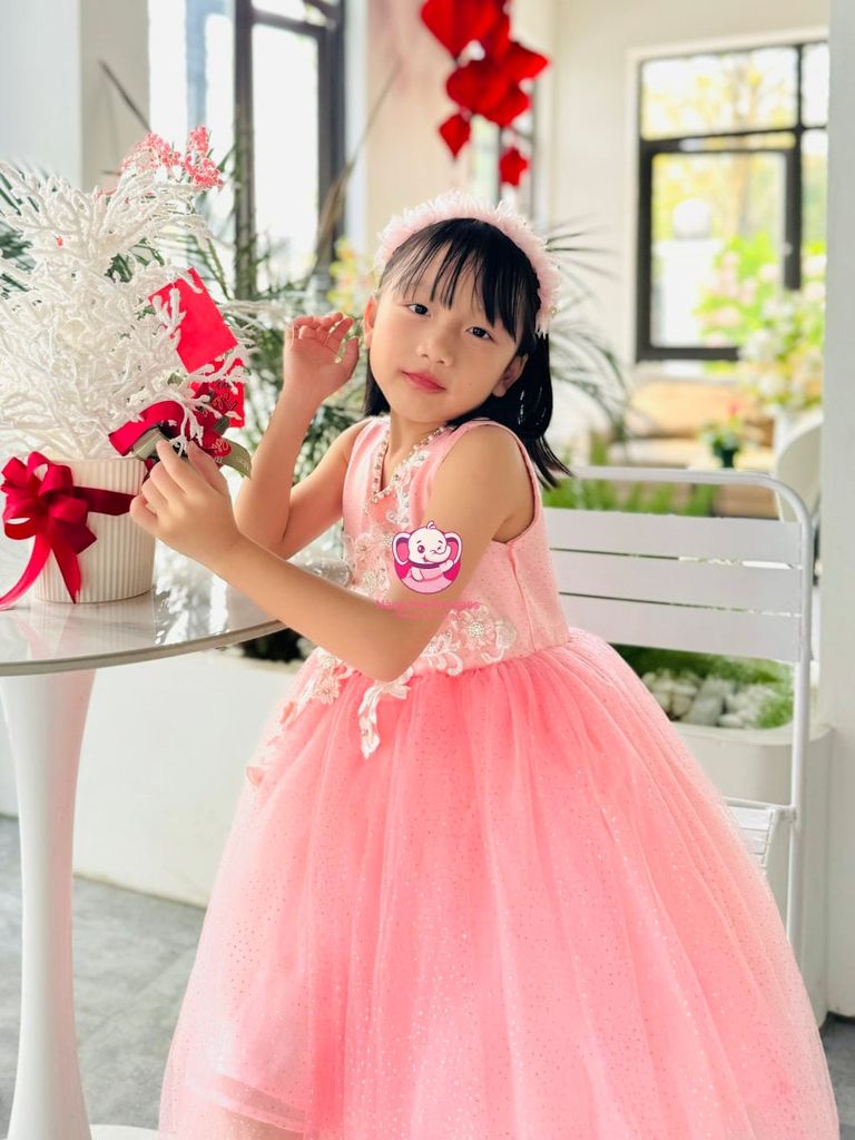 Váy công chúa thiết kế cổ tim, đính hoa, cho bé từ 7kg tới 35kg