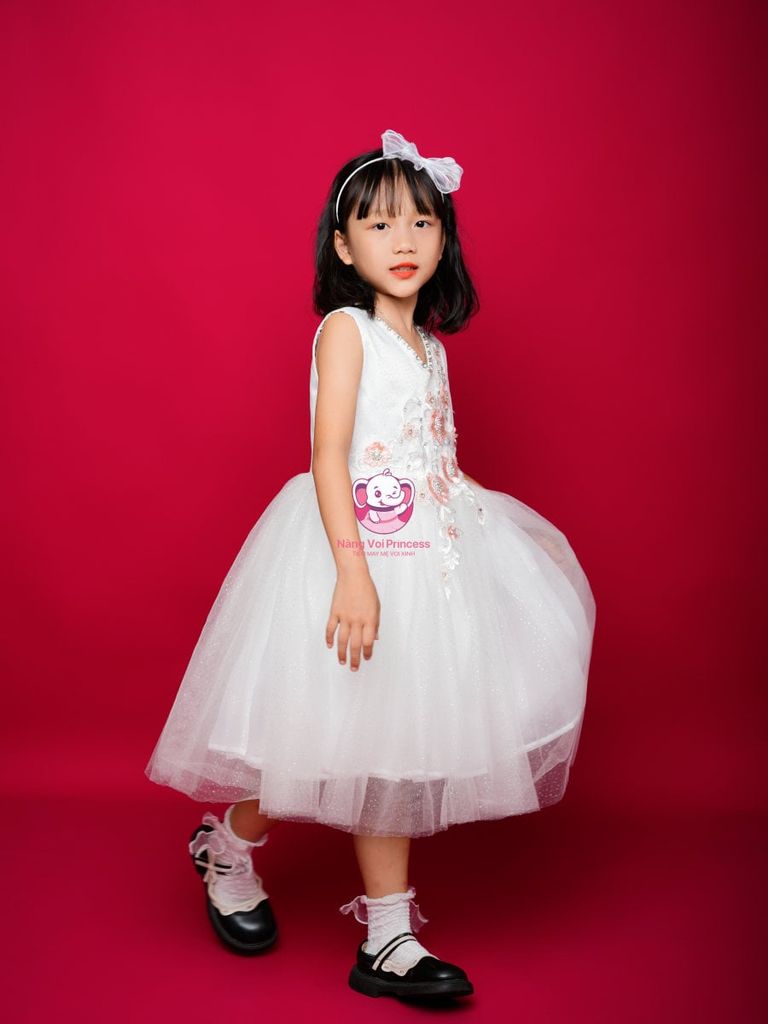 Váy công chúa thiết kế cổ tim, đính hoa, cho bé từ 7kg tới 35kg