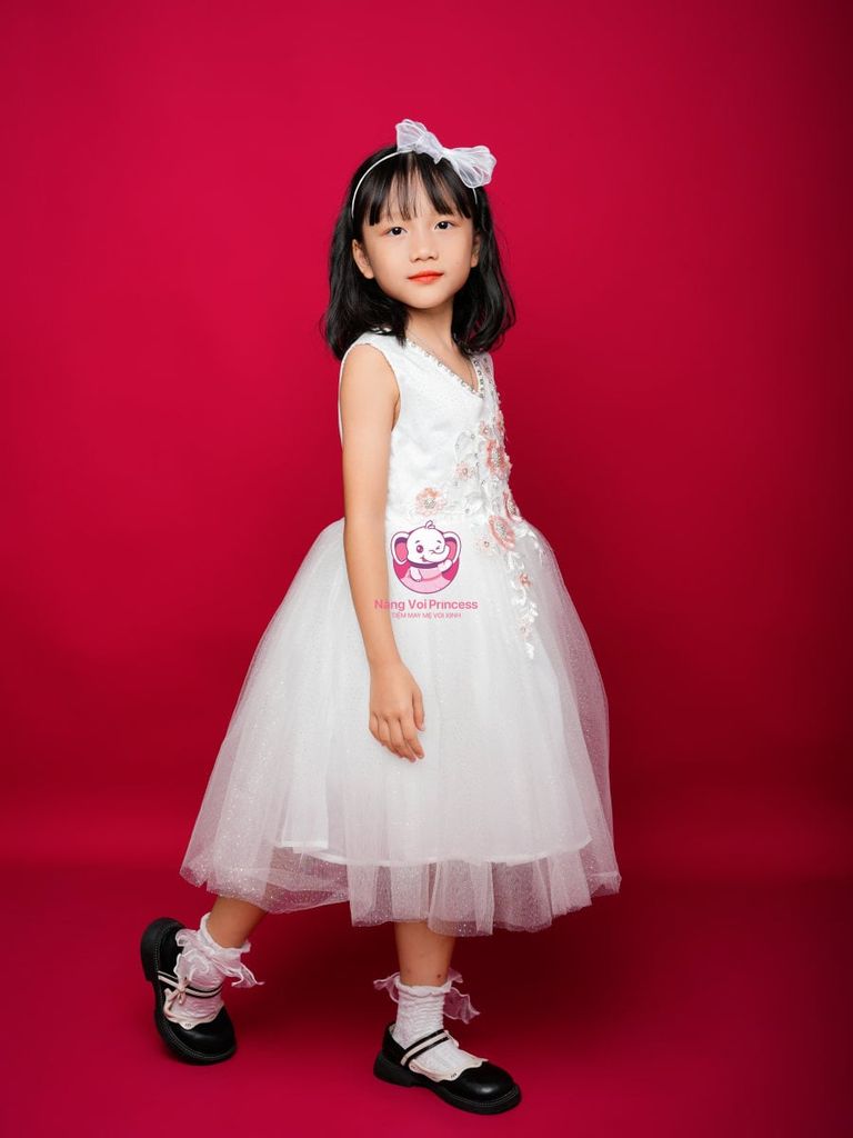 Váy công chúa thiết kế cổ tim, đính hoa, cho bé từ 7kg tới 35kg